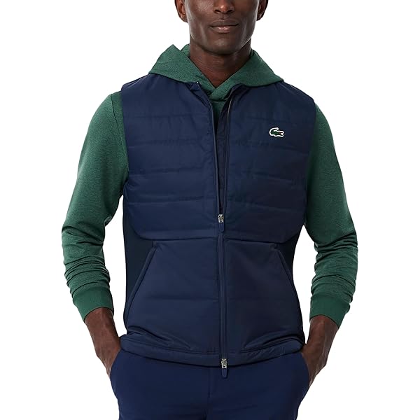 Lacoste Men's Color Blocked Full Zip Sleeveless Vest W/Hood, Navy