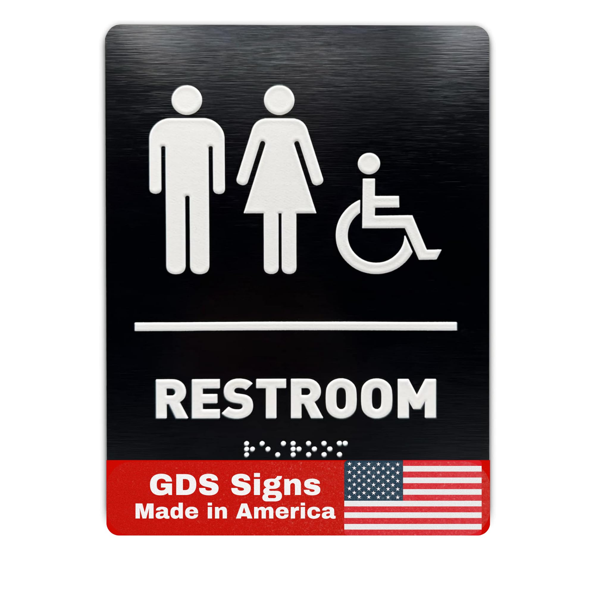 Photo 1 of Unisex/Wheelchair Bathroom Sign by GDS - ADA Compliant, Wheelchair Accessible, Raised Icons, & Grade 2 Braille - Includes Adhesive Strips for Easy Installation - Bathroom Signs for Business, Restroom Sign, Restroom Signs for Business - 6" W x 8" H (Brushe