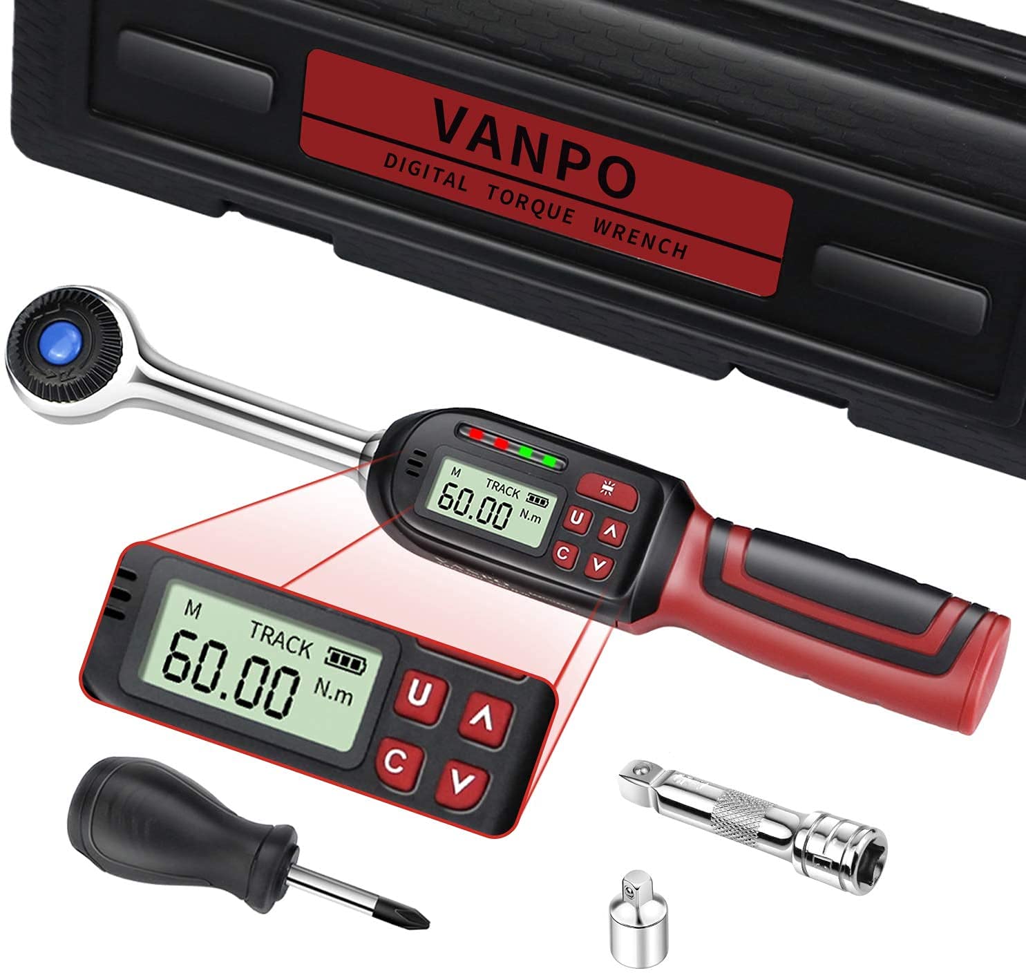 vanpo 3/8-Inch Drive Digital Torque Wrench, Electronic Wrench (2.2-44.3 ft-lbs./3-60Nm), Set with Accurate to 2%, Buzzer & LED Indicator, 1/4 Adapter, Extension Bar for Bike Moto