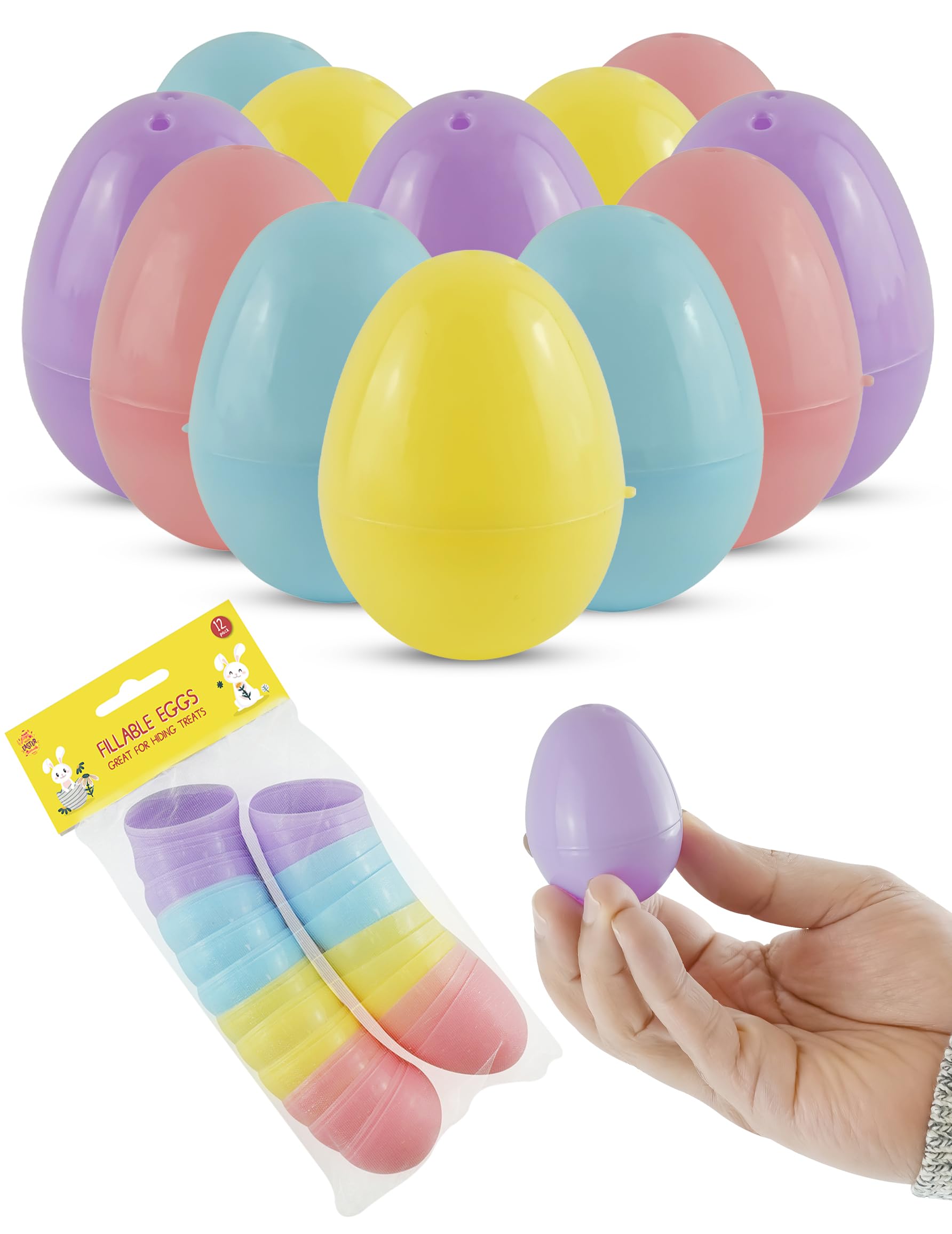 SRVertex 12PCs Easter Fillable Eggs 5.5cm/2.17" - Pastel Colorful Bright Plastic Easter Eggs with Hinge, Hoppy Easter Surprise Eggs for Filling Treats, Easter Egg Hunt Capsules Party Supplies
