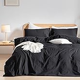 BESTOUCH Duvet Cover Set 100% Washed Cotton Linen Feel Super Soft Comfortable Chic Lightweight 3 PCs Home Bedding Set Solid Deep Black King