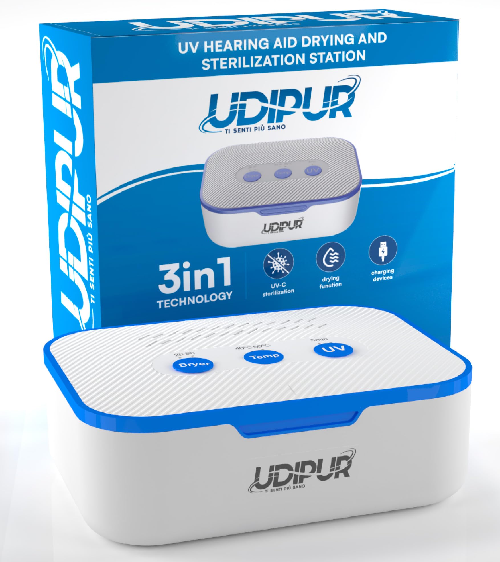 Drying Station for Hearing Aids UV Sterilisation Cleaning and Charging Udipur 3in1 Technology USB Type-C Maximum Temperature 50°C - 110x90x40mm