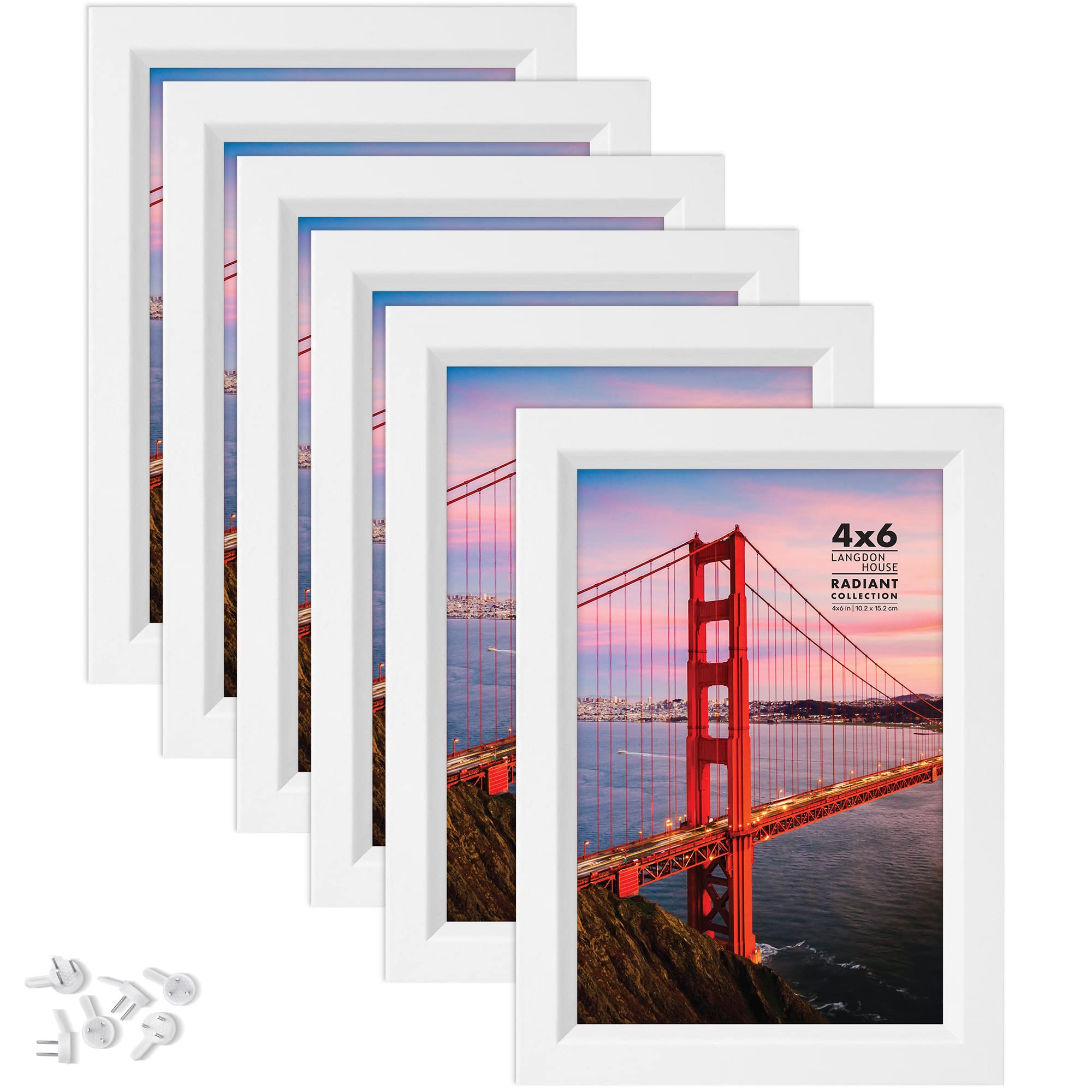 Langdon House 6x4 Picture Frames (White, 6 Pack), Modern w/Bevelled Accent, Tabletop Easel and Wall Hanging Hooks Included, Radiant Collection
