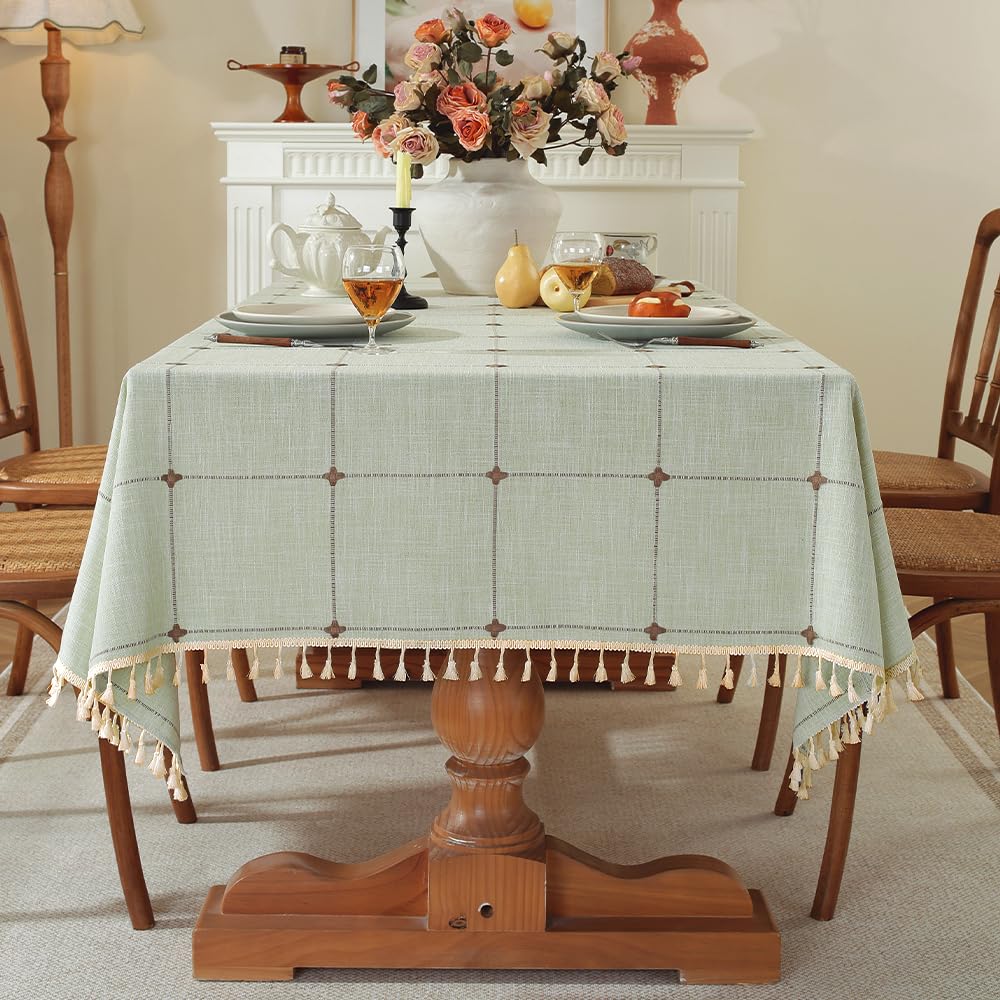 Pahajim Table cloths Rectangular Washable Cotton Linen Tassel Table cloth Gingham Wrinkle Free Table Cover for Outdoor, Kitchen, Dining, Tabletop Decoration(Green,55 x 79 inch)