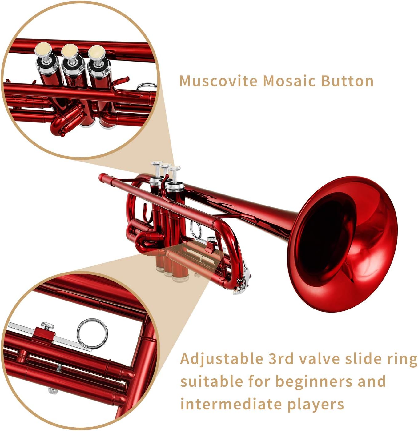 Eastar Bb Trumpet Standard Trumpet Set for Student Beginner with Hard Case, Cleaning Kit, 7C Mouthpiece and Gloves, Brass Bb Trumpet Instrument, Red, ETR-380R: Musical Instruments