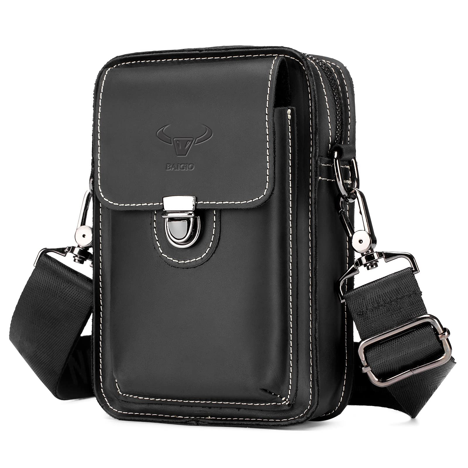 BAIGIO Genuine Leather Waist Pack for Men, Leather Phone Holster Pouch with Belt Loop Crossbody Phone Carrying Case Small Shoulder Bag for Cell Phone Wallet Key (Black)