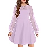 Arshiner Girl's Contrast Mesh Puff Long Sleeve High Waist A Line Short Dress with Pockets for 6-13 Years