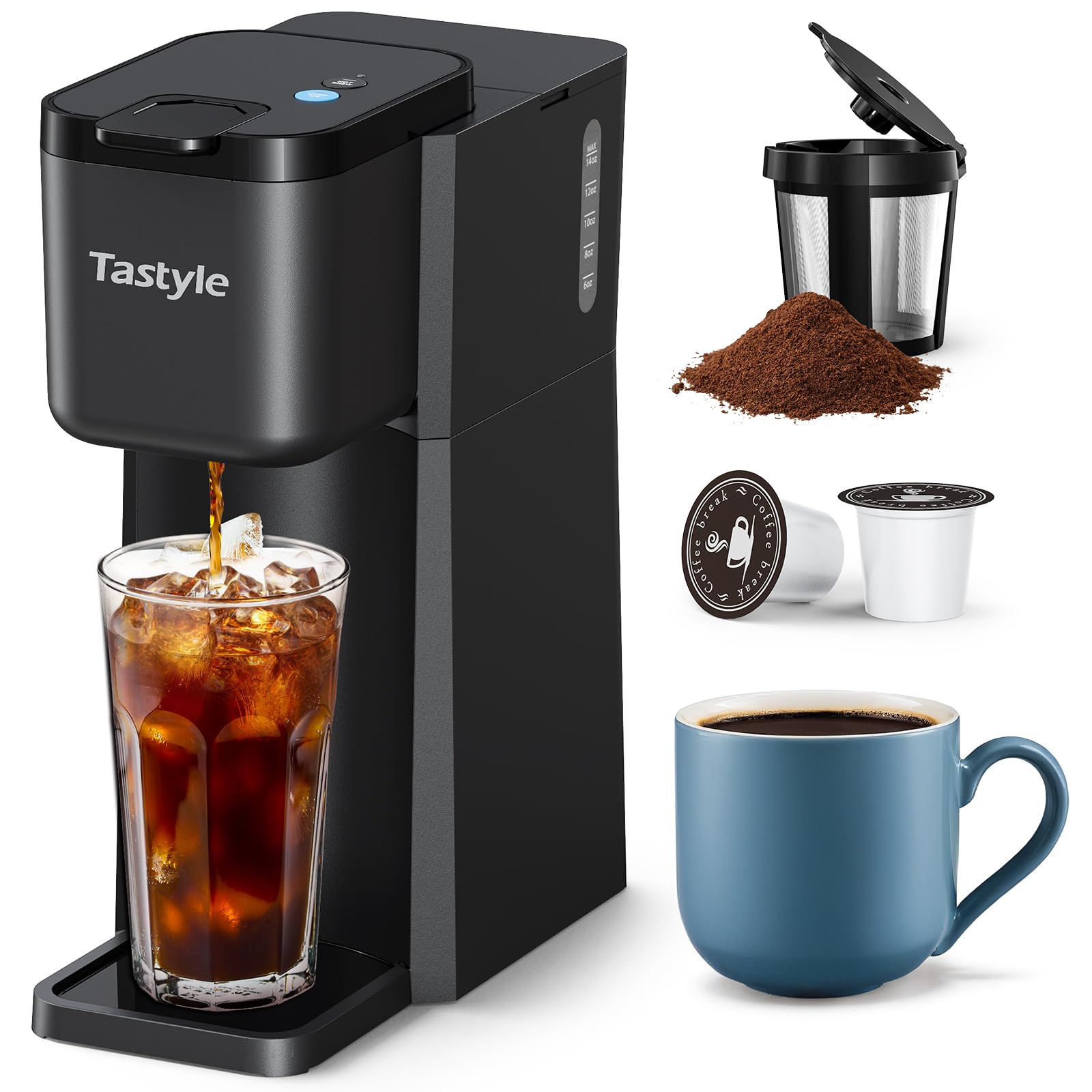 Photo 1 of Mini Single Cup Coffee Maker, Hot and Iced Coffee Maker for K Cup and Ground, 6 to14 Oz Brew Sizes, with Recipe Book, One Cup Small Pod Coffee Machine for Travel, RV, Dorm and Desk