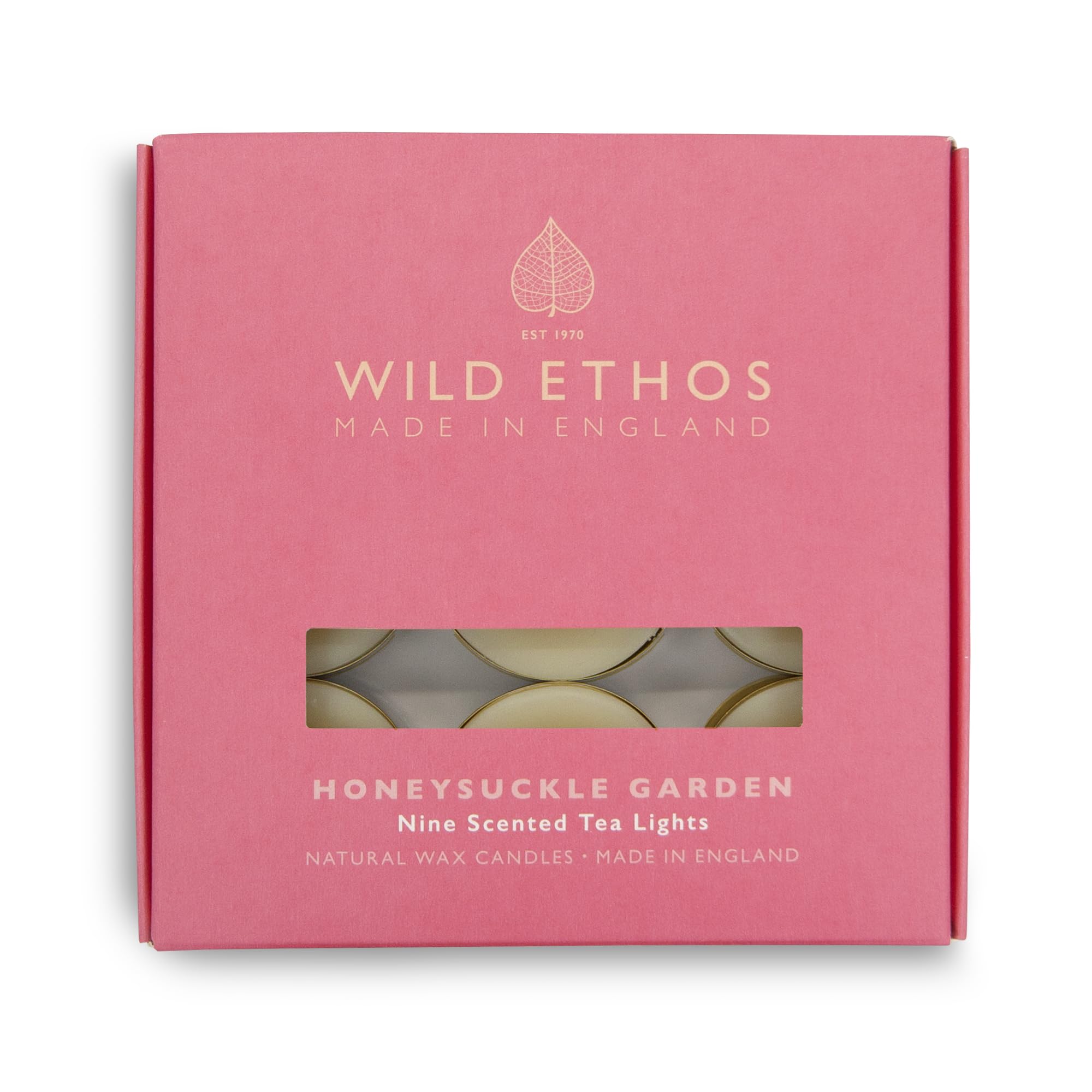 Wild Ethos Scented Tea Lights - Natural Wax - Long Lasting & Blended Natural Essential Oils - Pack of 9 - Made in The UK - Select Your Scent (Honeysuckle Garden)
