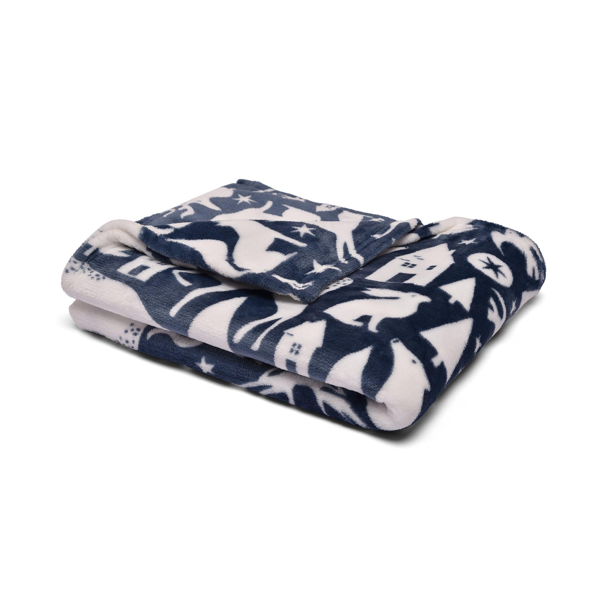 Fusion - Navy Blue Woodland Animals Fleece Blanket (120 x 150cm) - Soft & Cosy - Scandi Throw - Fox, Bear & Rabbit Print Throw in Navy - Forest Animals & Scandinavian Theme Blanket/Throw for Home