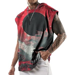 MARSVOVO Men Hooded Tank Tops Casual Sleeveless Hoodie Muscle Bodybuilding Cut Off Shirts Trendy Prin Loose Top