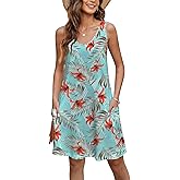 HOTOUCH Womens Casual Beach Sundresses Summer T-Shirt Dress with Pockets Women Floral Printed Tunic Dresses Womens Tropical Mini Dresses Small