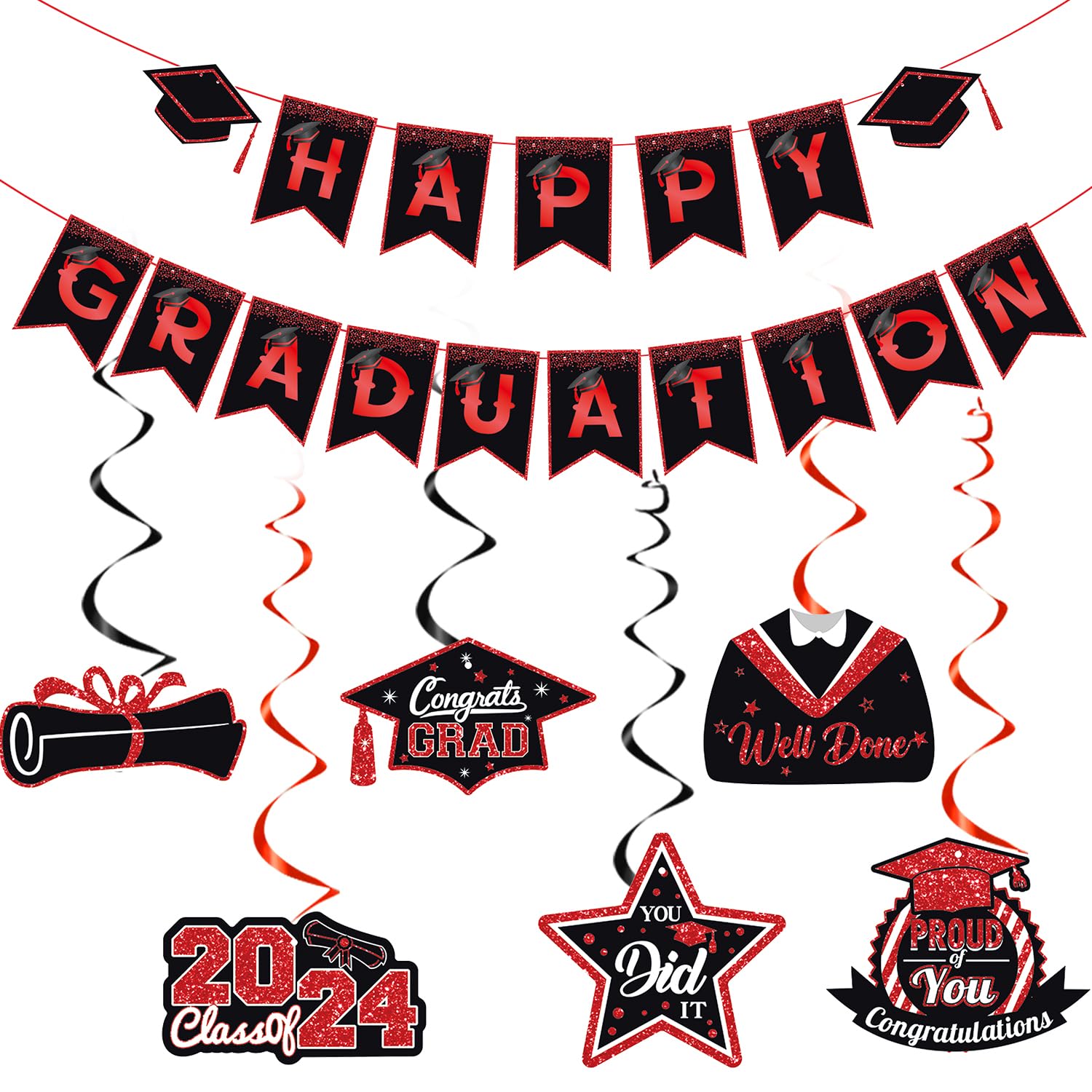 Elicola Happy Graduation Bunting Banner Grad Hat With 6PCS Graduation Hanging Swirls Garland You Did It for Class of 2024 Party Decorations (Red)