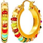 Inmorump Vintage Turquoise Hoop Earrings for Women Natural Stone 18k Gold Plated Hoop Bohemia Earrings