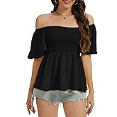 Smocked Babydoll Blouse for Women - Square Neck Ruffle Mini Top, Cute Puff Short Sleeve Flowy Boho Shirred