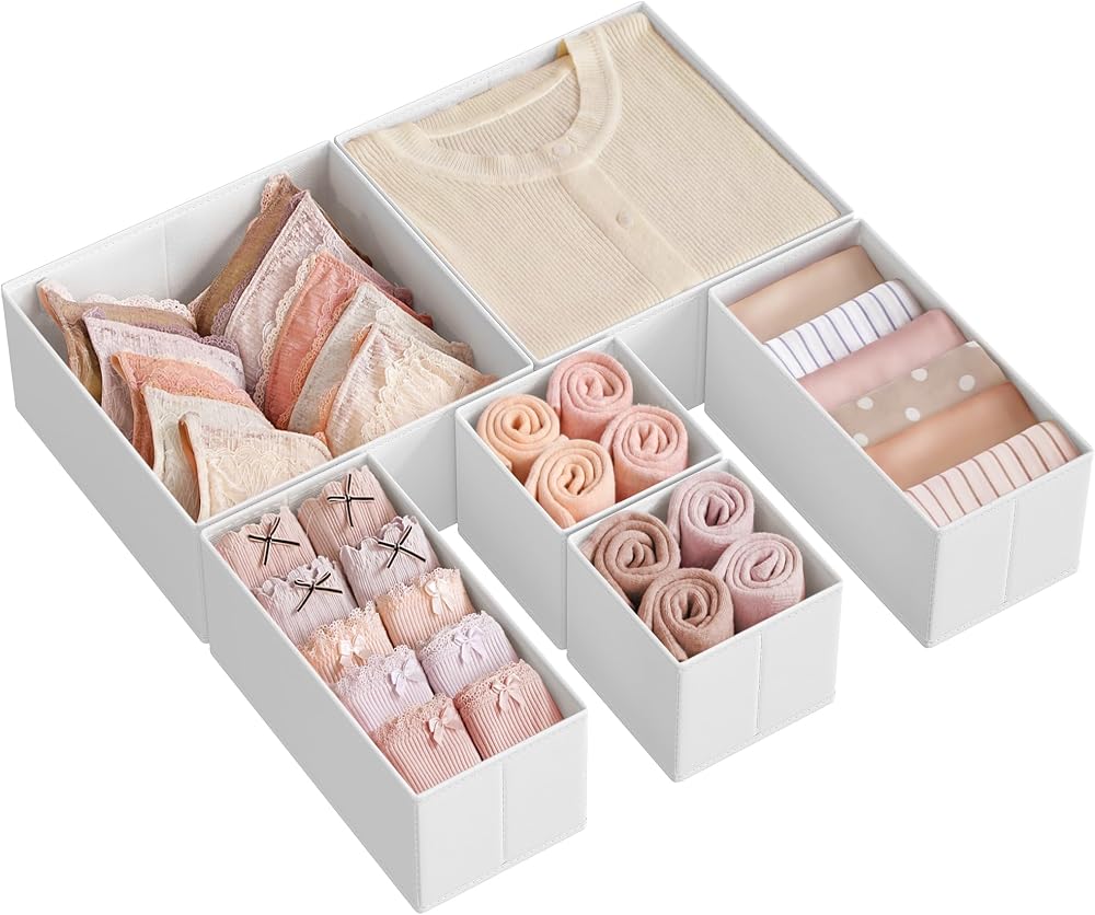SONGMICS Drawer Organisers Set of 6 Foldable Fabric Storage Boxes Cloud White