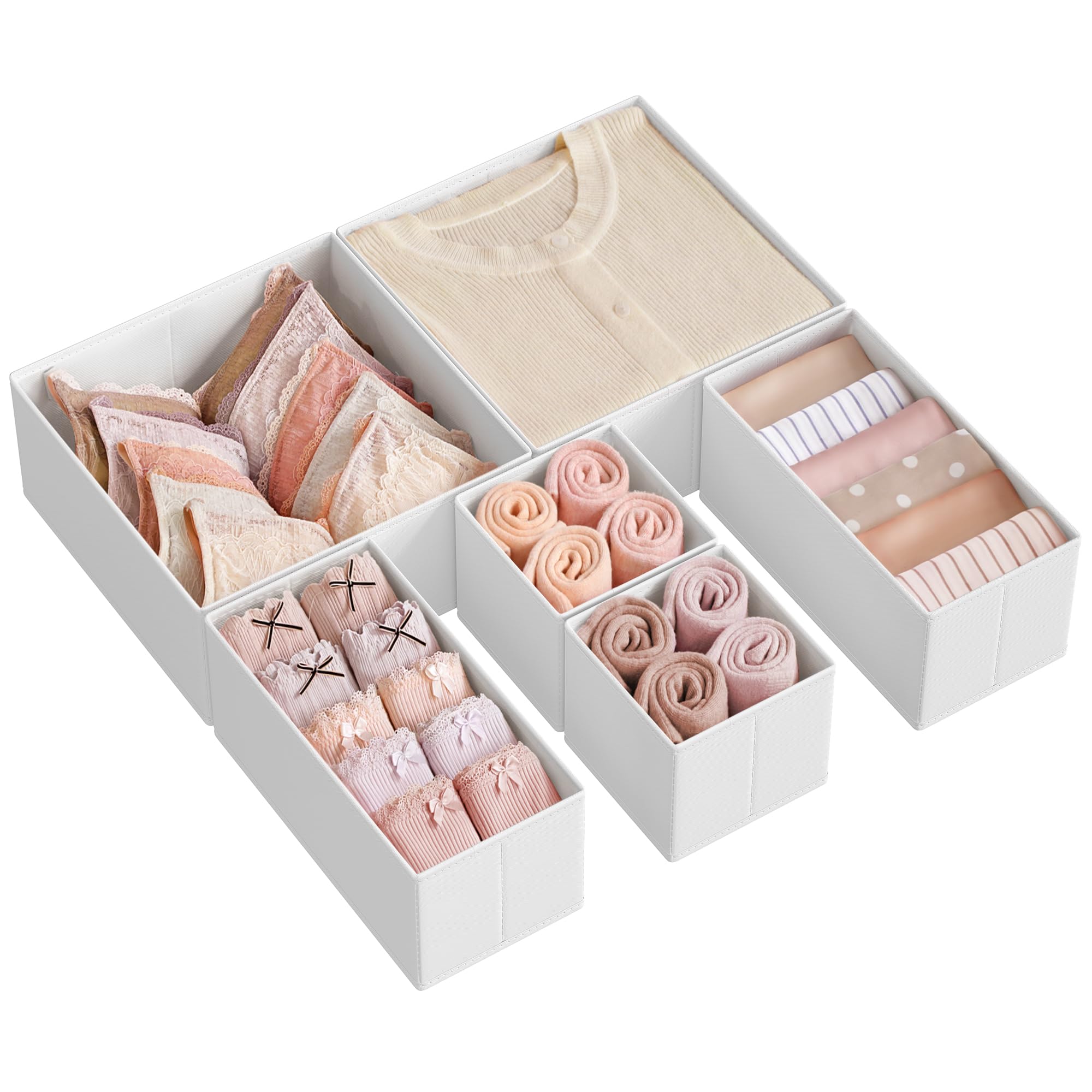 SONGMICS Drawer Organisers, Dresser Dividers, Set of 6, Foldable Fabric Storage Boxes for Socks, Underwear, Bras, Ties, Scarves, Cloud White RDZ006W01
