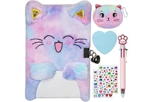 SJAWAYI Cat Diary with Lock and Keys, Gift for 6 7 8 9 Year Old Girl, Kids Journal Notebook Set with Multicolored Pen, Coin Purse, Post-it Note, Stickers, Cute Plush Secret Diary for Kids (A Smile Cat)