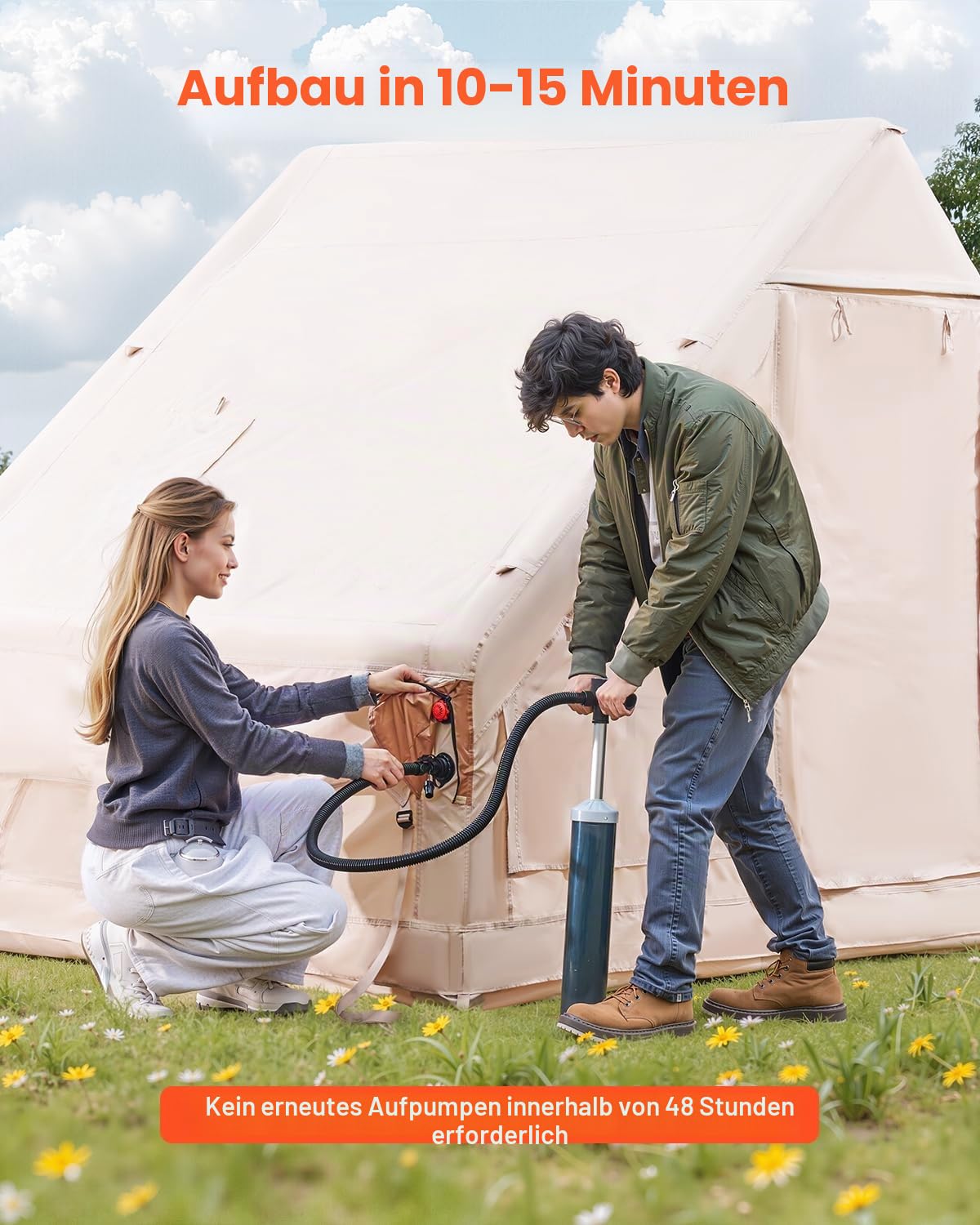 VEVOR Aufblasbare Zelte für Camping 3x2x2 m, 3–5 Personen, 300D Oxford 4-Jahreszeiten-Glamping-Zelt mit Baldachin, Handpumpe, Ofenanschluss, 2 Türen & 2 Netzfenstern (Aufbewahrungstasche inkl.) 2