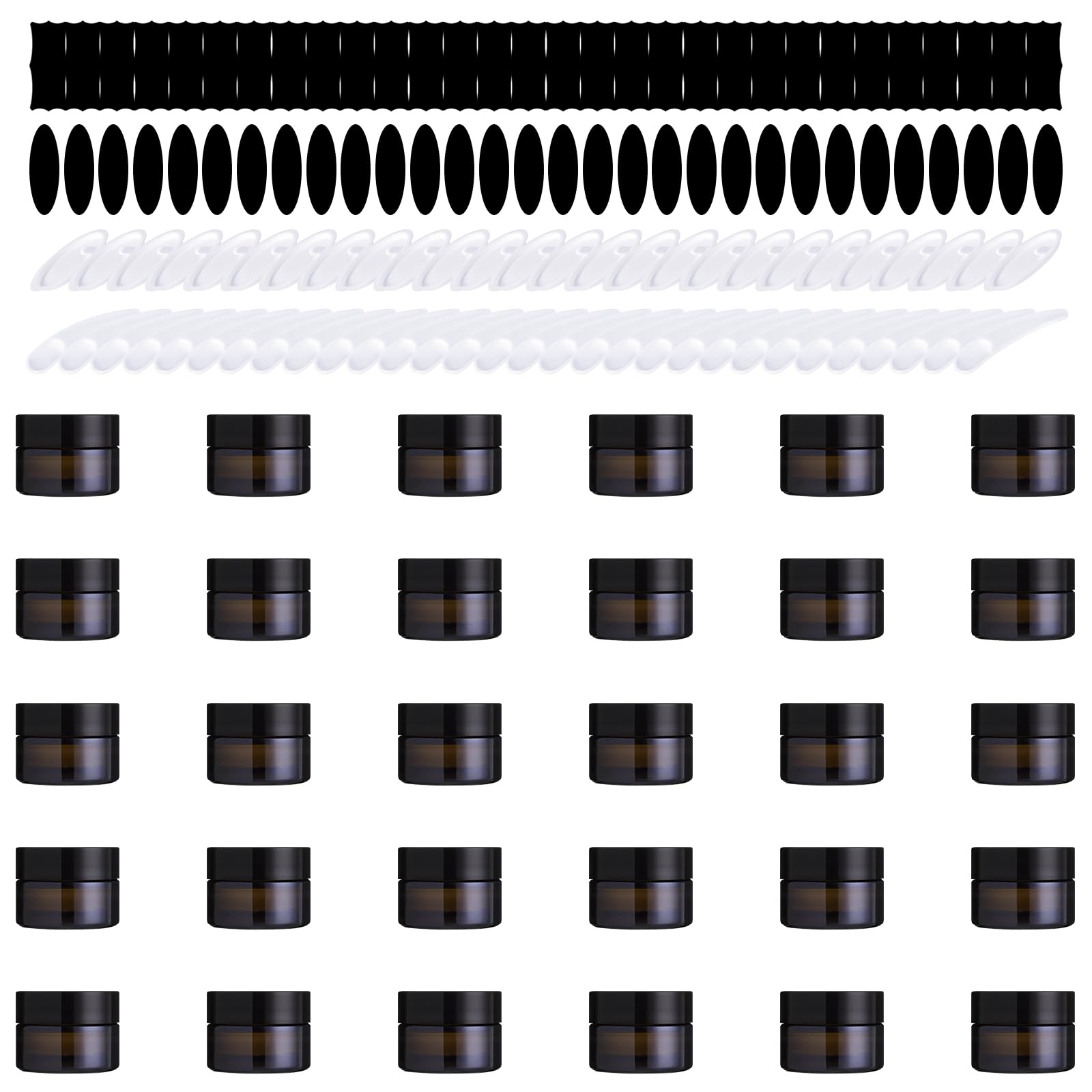 Yauhar 120Pcs 5g Amber Glass Jars Assortment Kit with Inner Liners and Black Lids, Spoons and blank labels for Storing Lip and Body Scrub, Lotion, Body Butter, Bath Salts