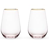 Twine Rose Crystal Stemless Wine Glasses Set, Pink Tinted with Gold Rim, Elegant Drinking Glasses for Red and White Wines, Wedding Gifts, Housewarming, Decorative Glassware, Home Bar,18 oz, Set of 2