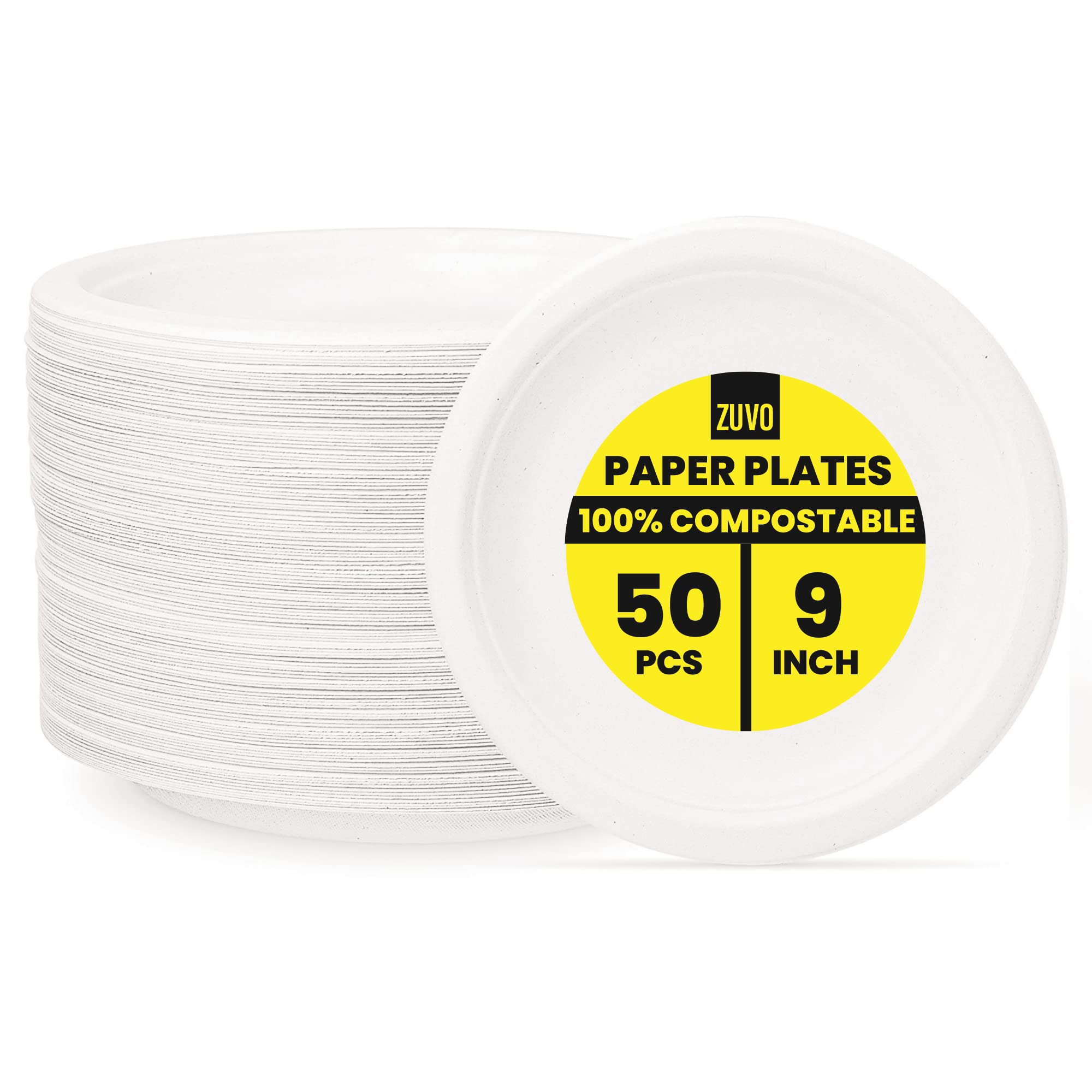 Zuvo 9-Inch Compostable Paper Plates – 50 Pack, Eco-Friendly, Biodegradable and Disposable for Party, BBQ & Picnic – Strong & Sturdy Bagasse Tableware​, White