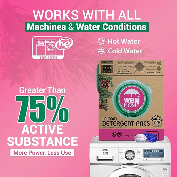 WBM LAUNDRY DETERGENT PODS – ULTRA-CONCENTRATED, HYPOALLERGENIC, STAIN-FIGHTING, EVERGREEN SCENT, 128-PACK, RECYCLABLE PACKAGING FOR ECO-FRIENDLY CLEANING