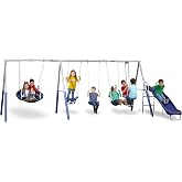 Fun Forever - 8 User Metal Swing Set for Backyard with Slide, 800lbs. Max | 5-Year Frame Warranty, Easy Assembly, Play for Kids, Super Disc Swing, Air Glider, 3ea Adj. Swings, 800lbs Max., Ages 3 to 8