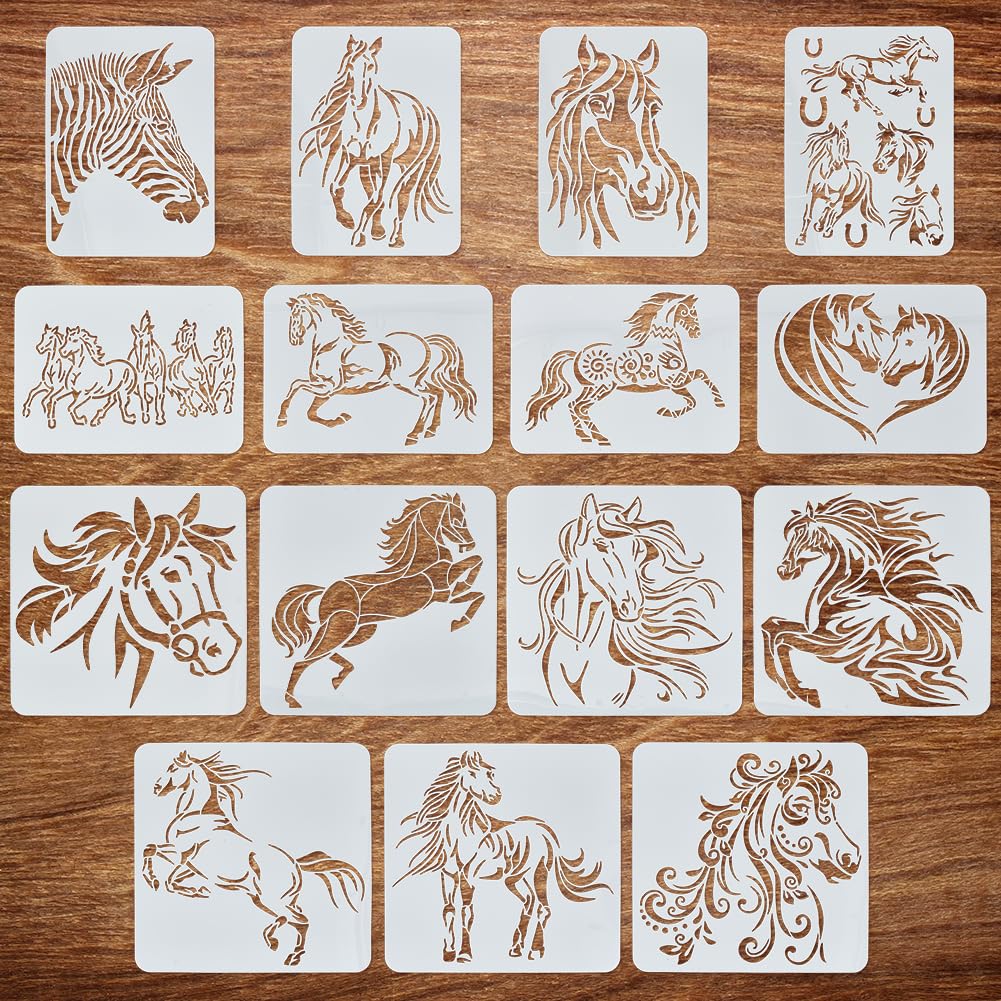 FINGERINSPIRE 15Pcs Horse Painting Large Stencil Set 21x29.7cm 30x30cm Prince Charming Stallion Black Horse Horseshoe Running Horse Zebra Horse Herd Horse Couple Fine Horse Spraying Big Template
