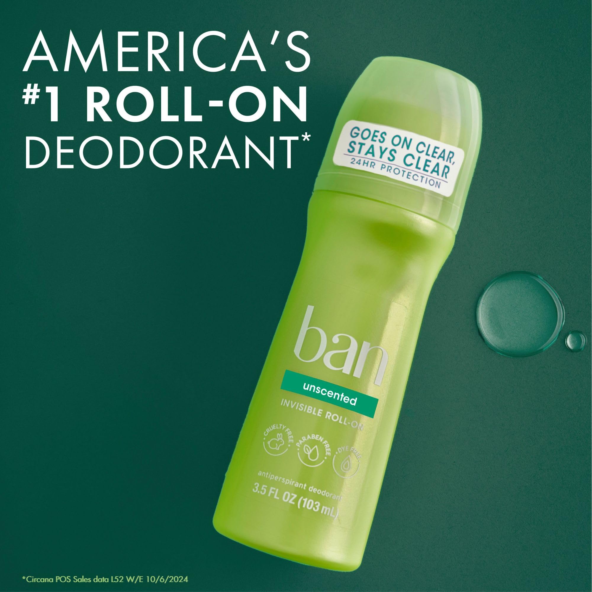 Ban Invisible Roll-on Antiperspirant Deodorant for Women and Men, 24-hour Underarm Odor & Sweat Protection, Unscented, 3.5 Oz, Pack of 2