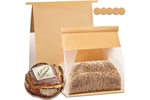 GOULIKFUL Heavy Duty Large Paper Bread Bags with Tin Tie Tab Lock 50pcs, Loaf Bag with Clear Front Window, Storage Packaging Treat Bag for Bakery Cafe Homemade Bread 10.6” × 4.3” × 8.7”