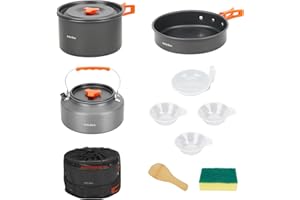 Onlyfire 10pcs Camping Cookware Mess Kit Set with Stove, Backpacking Camping Pot Pan Kettle Set, Non-Stick Lightweight Campin