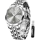OLEVS Men’s Wrist Watches Large Number Mens Waterproof Watches Luxury Watch for Men Silver Stainless Steel Watch Analog Dress Watches with Date Day Grey Face Reloj de Hombre