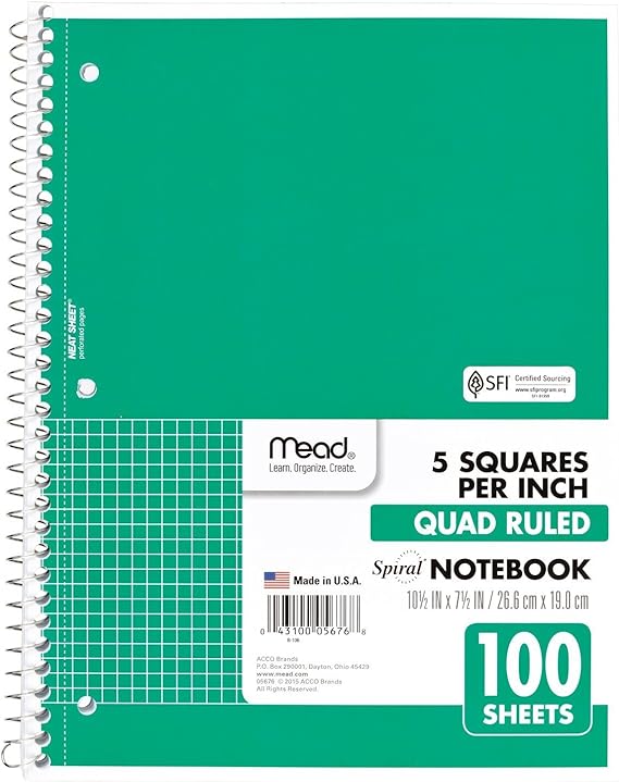 Mead Spiral Notebook, 1 Subject, Quad Ruled, 100 Sheets