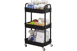 UDEAR 3-Tier Rolling Utility Cart with 12 Category Labels,Multifunctional Comagtable Rolling Shelving with Handle and Lockable Wheels for Room,Office,Kitchen,Bathroom,Black