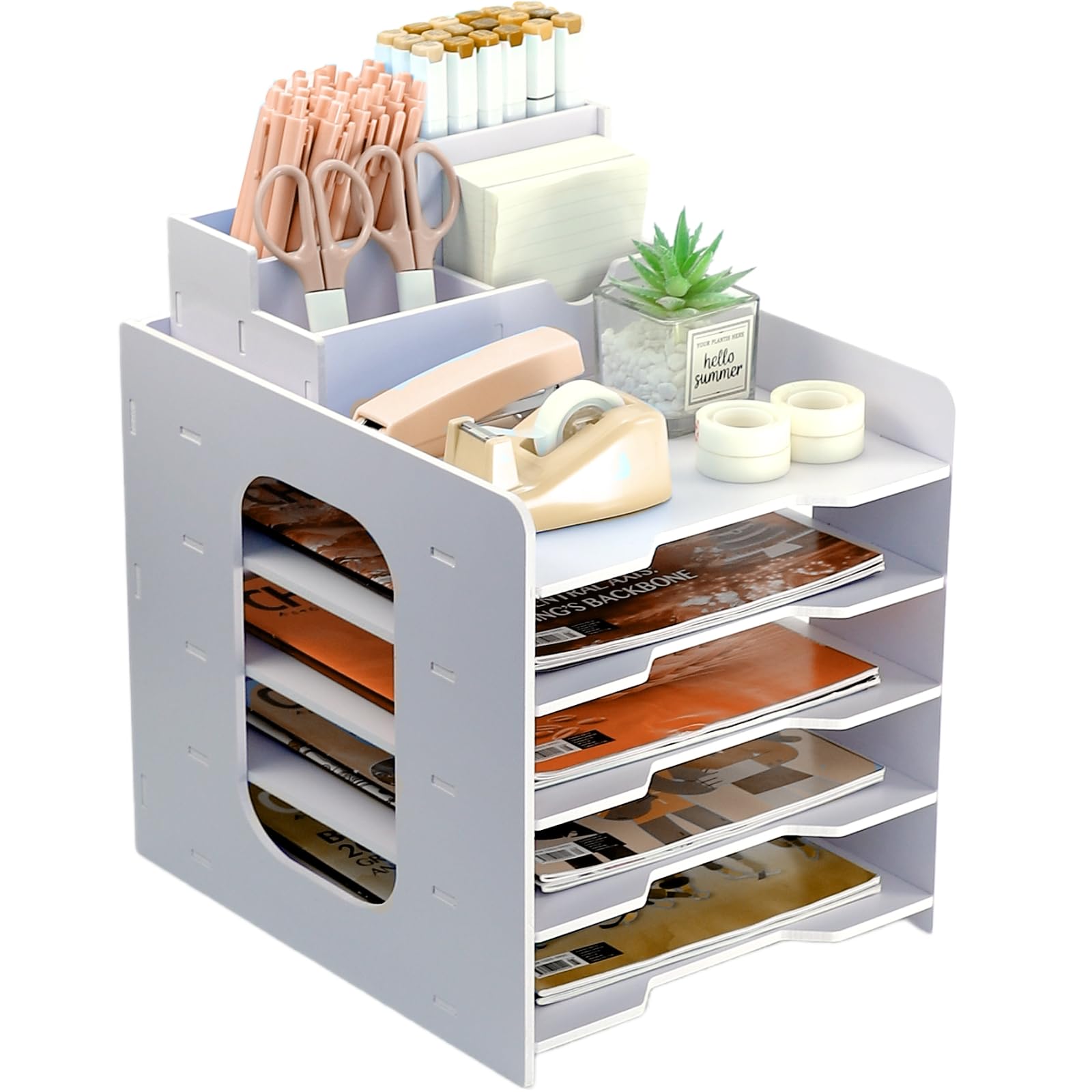 PLSOPPKG Wooden Desk Tidy Organiser, File Rack, Desk Tidy Storage, Office Stationery Rack Sorter for A4 Papers, Pens, Books and Letters, Document Holder with Pen Holder