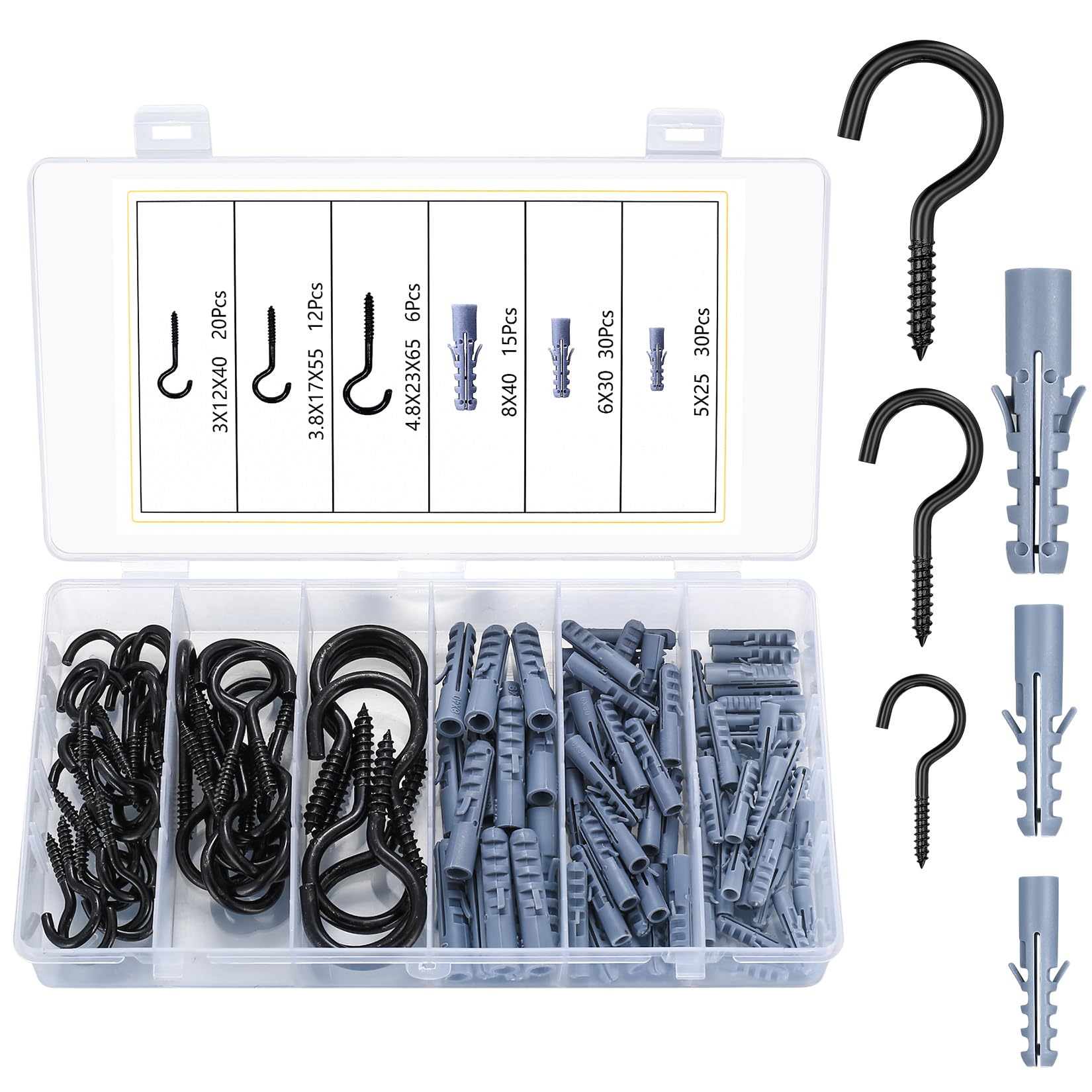 113 Pcs Screw Hooks - Heavy Duty, Metal, Small, Black (38 Hooks, 75 Anchors) for Hanging Plants, Mugs, Home, Office, Kitchen, Garden