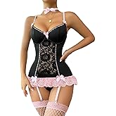 Lilosy Sexy Stocking Garter Belt Bows Floral Lace Babydoll Corset Push Up Teddy Lingerie Set with Panty