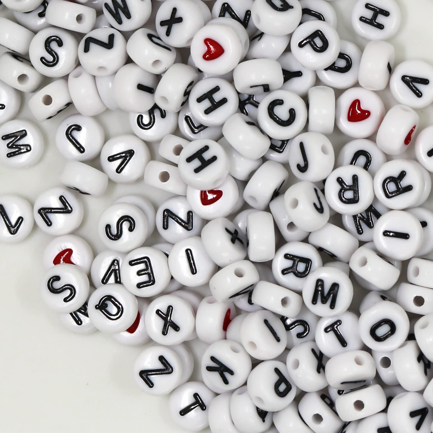 WangLaap 1450Pcs Letter Beads, Acrylic 4x7mm Round Alphabet A-Z and Red Heart Black Star Beads for Bracelets Necklaces DIY Jewelry Making (White)