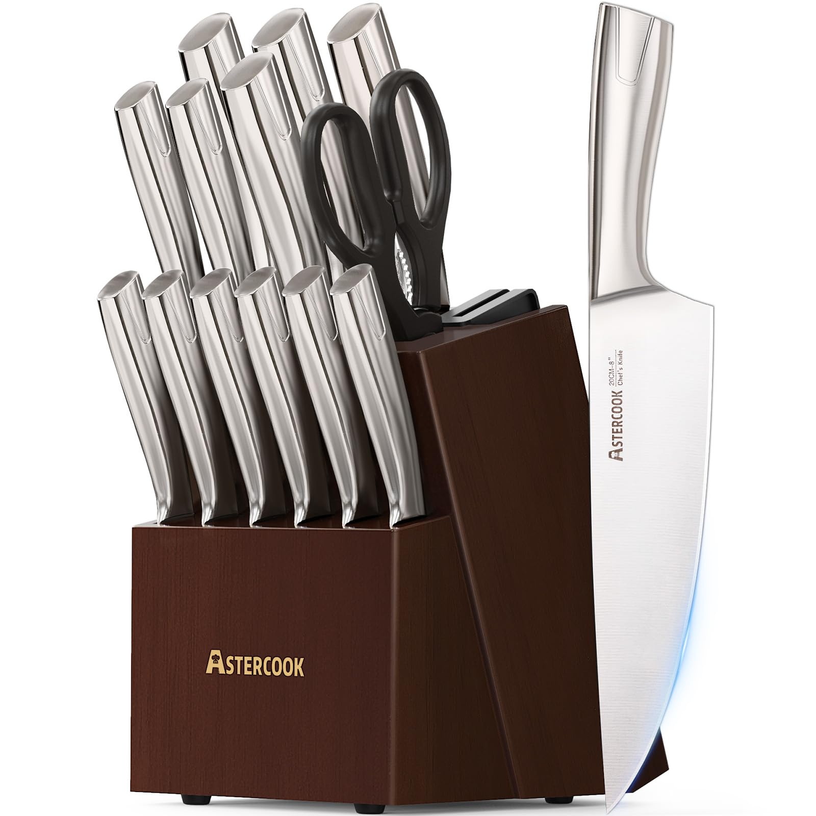 Photo 1 of Astercook Knife Set, Kitchen Knives Set with Block and Sharpener Full Tang 15 Pcs Premium Stainless Steel Knives Ultra Sharp Blade Dishwasher Safe Knife Set with Anti-slip Ergonomic Handle, Walnut
