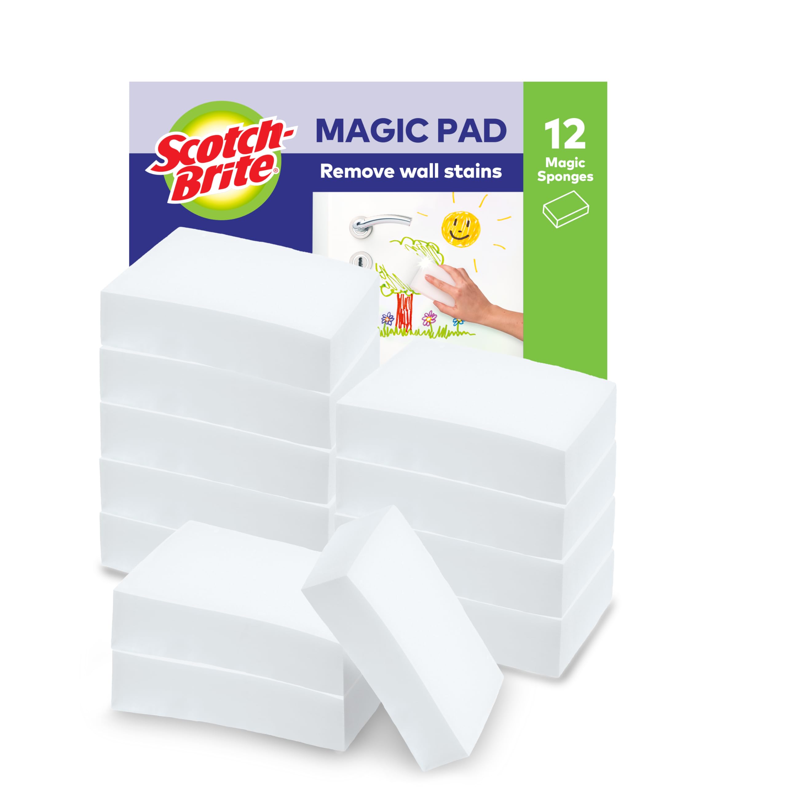 Scotch-Brite Magic Easy Eraser Sponge, Melamine Cleaner, Value Pack of 12 Pads - Removes Stains From Walls, Shoes, Sinks & More without Chemicals, White