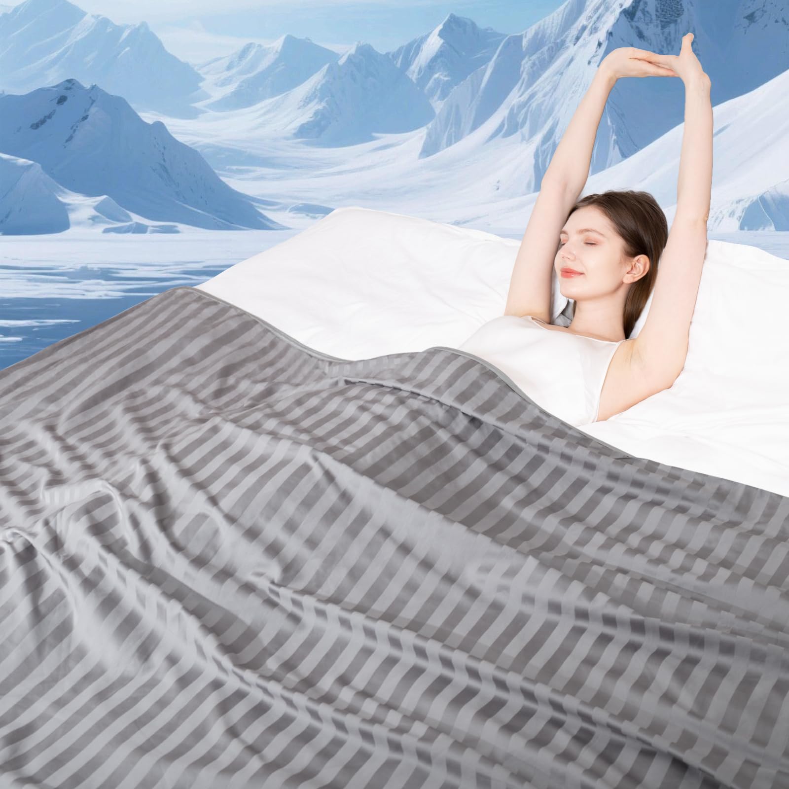 Elegear 150x200cm Cooling Blanket for Night Sweats, Q-Max>0.5 Arc-Chill 3.0 Cool Fiber Throw for Hot Sleepers Adult Bed Sofa, Breathable Lightweight Summer Blanket, Double/King Size, Grey Stripe