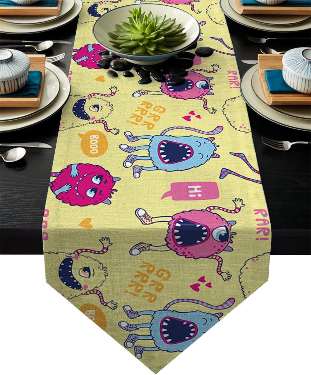 Table Runner Funny Cute Cartoon Monsters Kids Design Table Runners for Catering Events, Dinner Parties, Wedding, Indoor and Outdoor Parties, 18 x 72 Inch