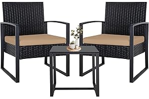 PORWEY 3 Piece Patio Bistro Set, Outdoor Wicker Apartment Balcony Furniture Sets, Rattan Table and Chairs Set of 2 for Porch Backyard Lawn Poolside Deck, Black Wicker/Brown Cushion