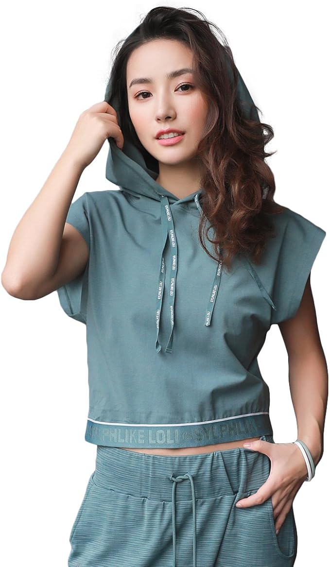 Amazon Sloli スポーツウェア レディース パーカー ランニングウェア 半袖 Tシャツ ゆったり フート付き ブルー M シャツ 通販