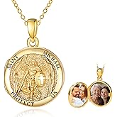 TANGPOET Round Saint Medal Pendant Necklace for Women 925 Sterling Silver 14K Gold Mother of Pearl Catholic Religious Christian Jewelry Gifts for Birthday Christmas Baptism