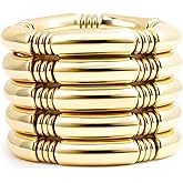 Gold Chunky Bangles Bracelets For Women 14k Gold Plated Stack Layered Curved Bamboo Tube Stretch Bracelets Gift Jewelry