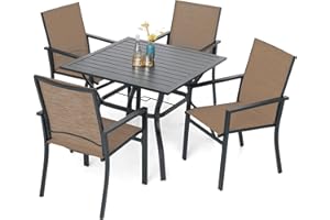 Anmutig 5 Piece Patio Dining Set for 4, 35” Square Table with Umbrella Hole, 4 Metal Sling Chairs, Outdoor Table and Chairs Set for Lawn Backyard and Deck Brown