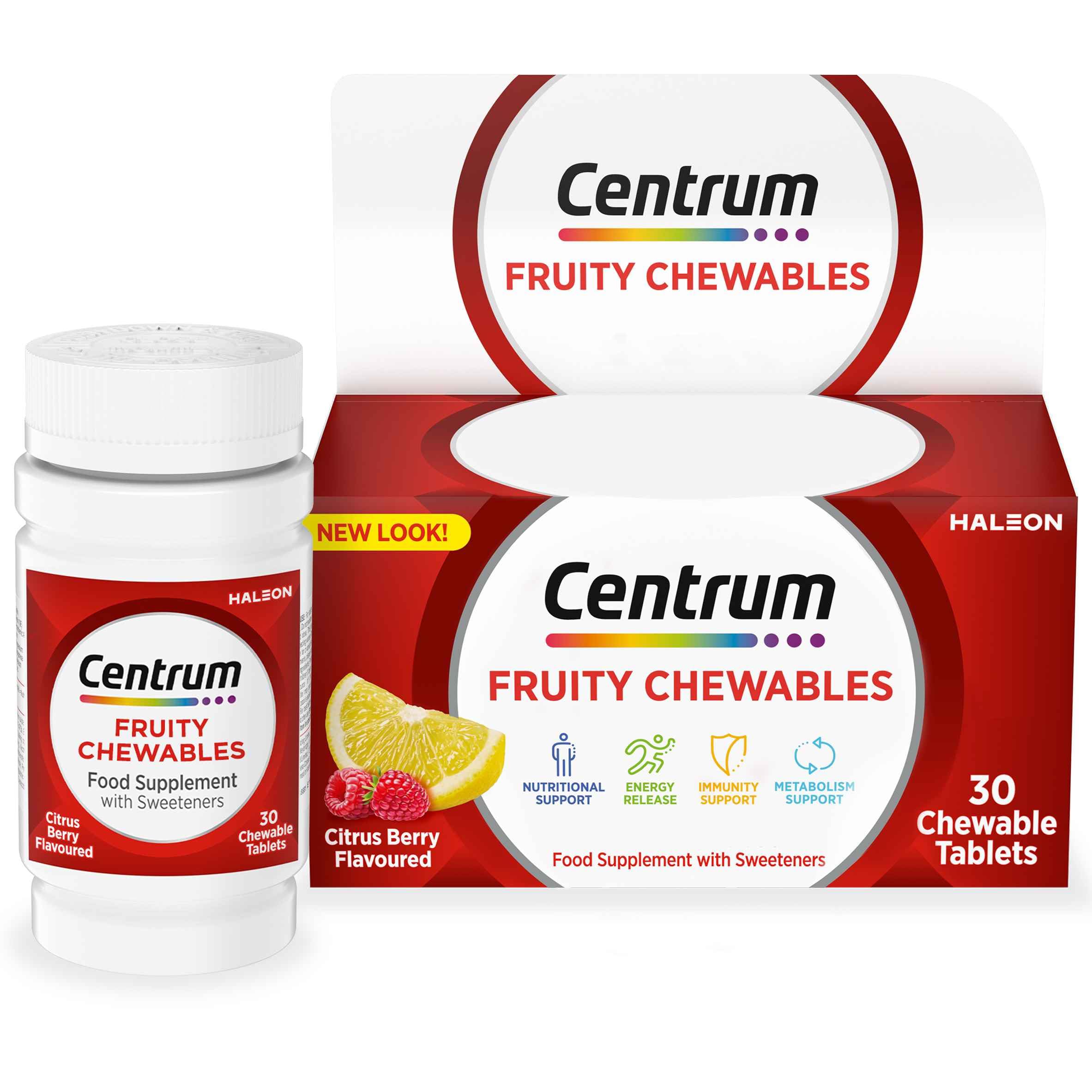 Centrum Fruity Chewables Multivitamin Tablets, chewy vitamins for adults, with 13 essential vitamins including vitamin C, D, and Zinc, 30 ct