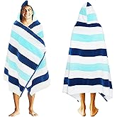 COTTON CRAFT Hooded Beach Towel – Oversized 35 x 70 Towel with Hood for Adults - 100% Cotton Velour Terry Towel - Pool Bath Wrap - Super Soft Plush Absorbent Quick Dry – 630 GSM – Cabana Stripe Blue